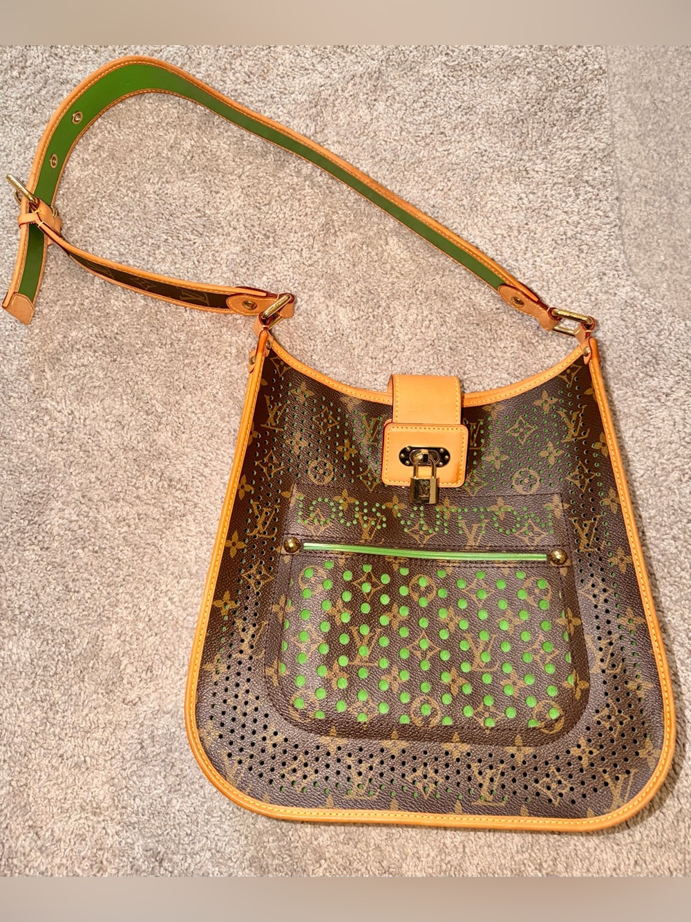 Louis Vuitton Brown Monogram Musette Perforated Shoulder Bag with Green Accent